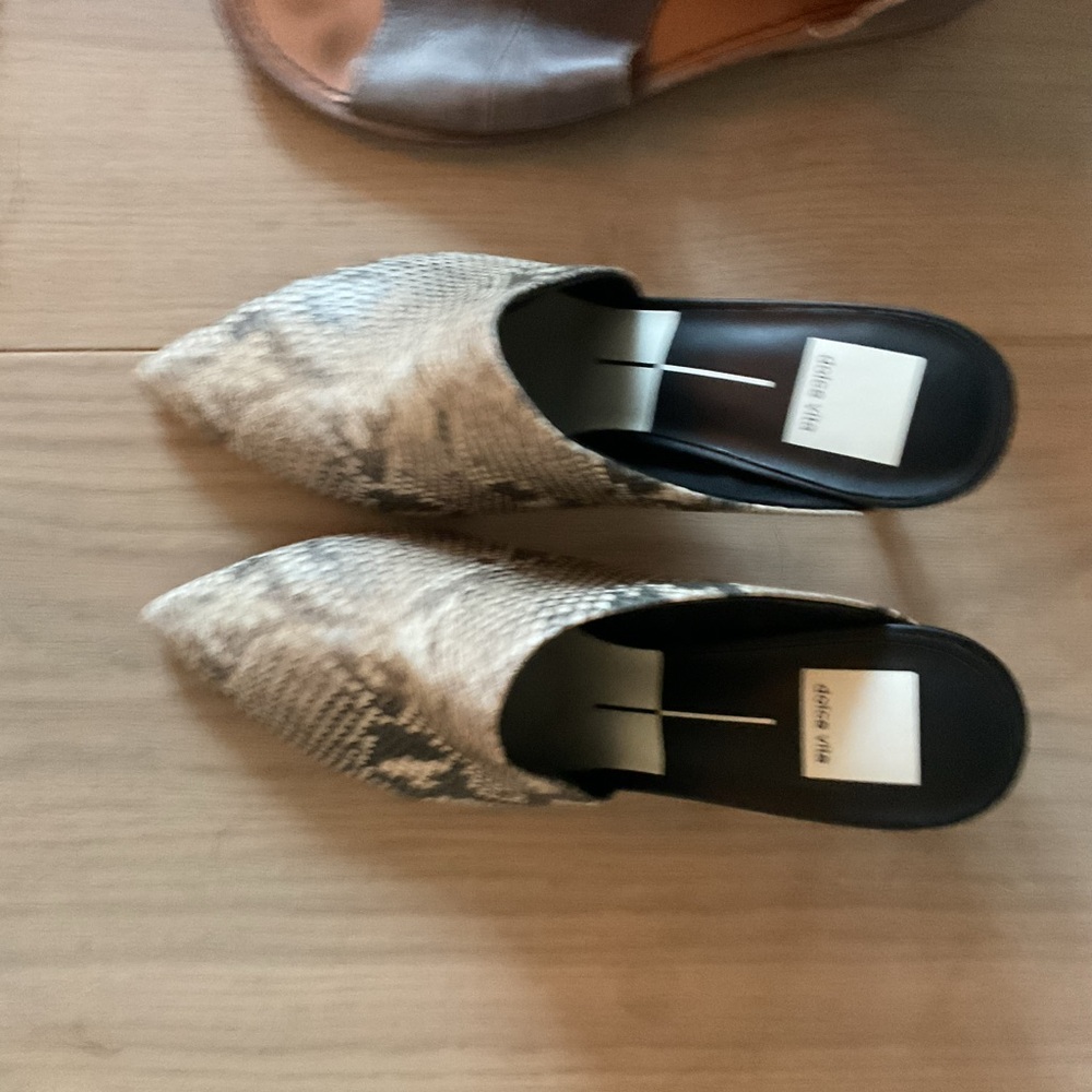 Dolce Vita Black and Cream Snakeskin Mules